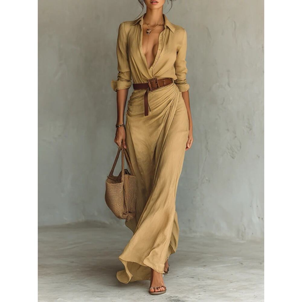 Modesees Long Sleeve Lapel Single Breasted Maxi Dress